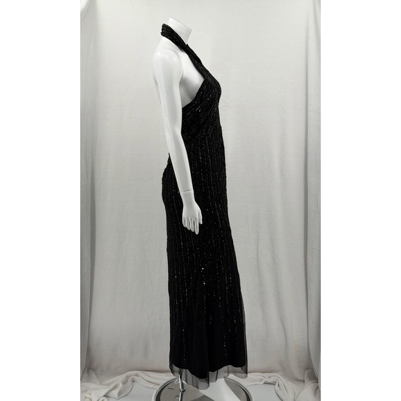 Adrianna Papell Dress Womens 6 Petite Black Sequin Halter Gown Evening Beaded - Picture 3 of 15